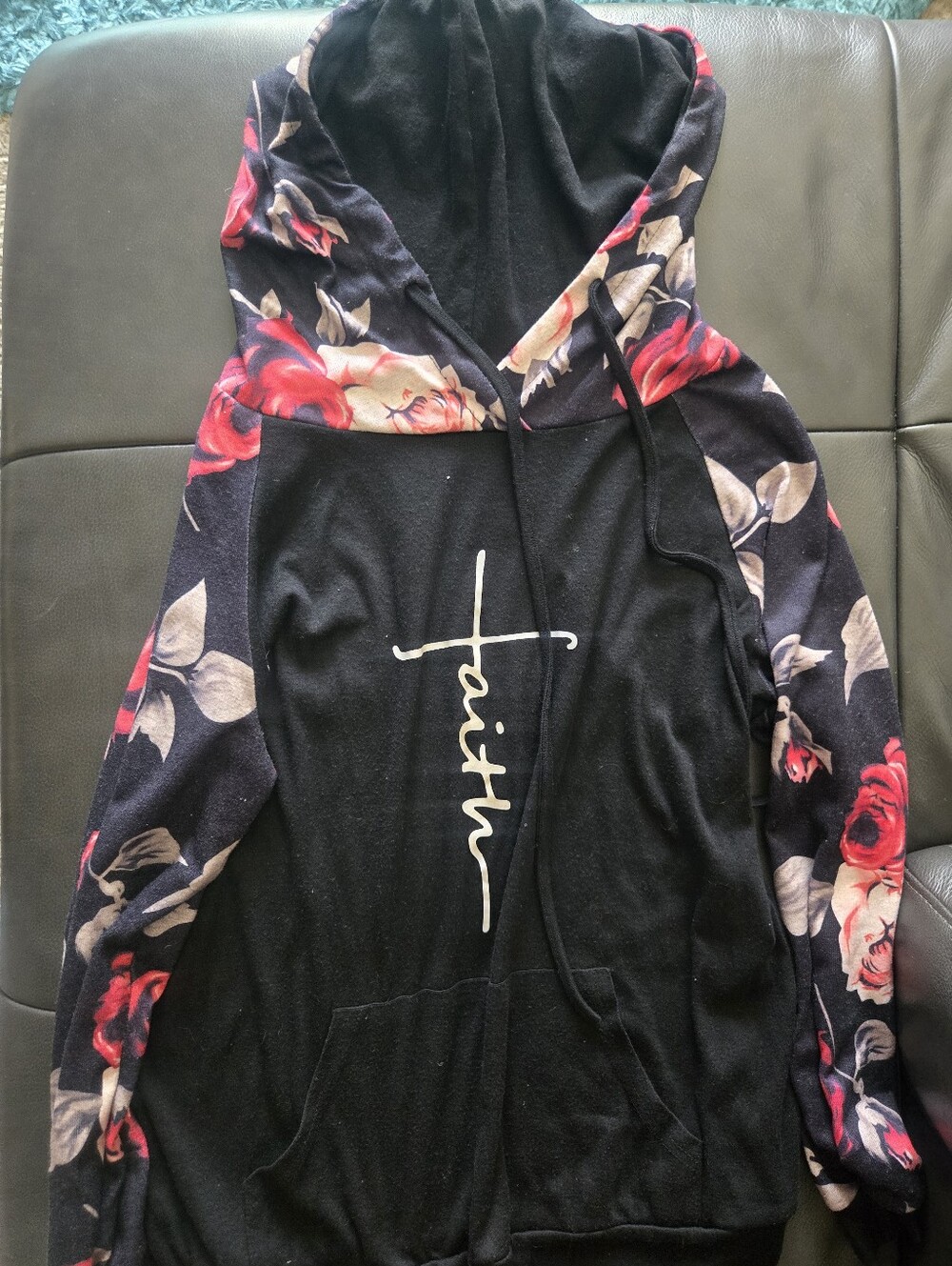 Women’s Black Hoodie Jacket with Floral Sleeves and Hood